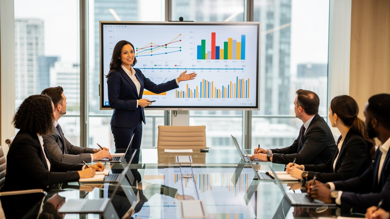 Executiva apresentando estratégia de orçamento para equipe corporativa