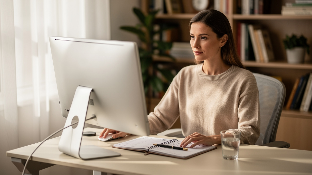 Profissional focada seguindo rotina produtiva no home office