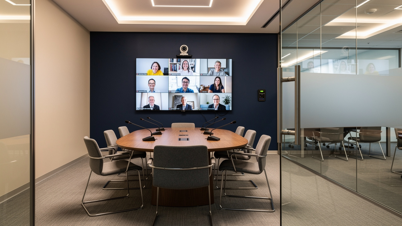 Sala de reunião híbrida com tecnologia de videoconferência integrada