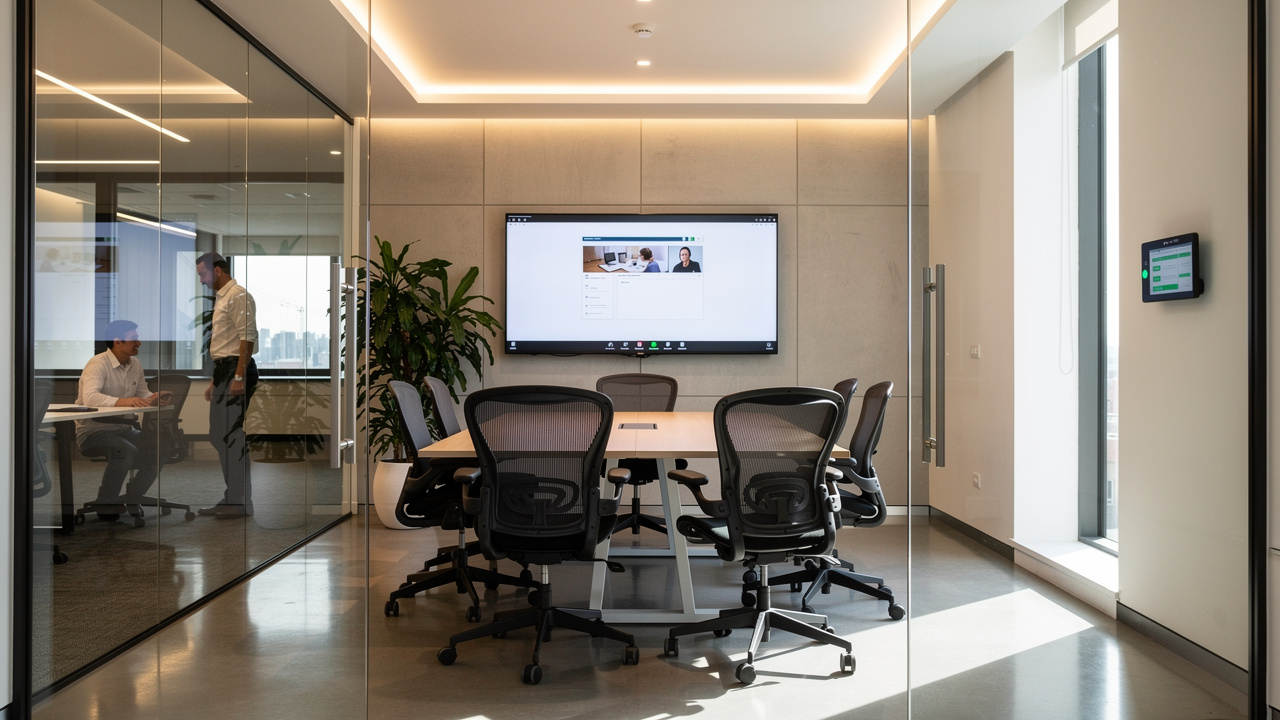 Sala de reunião corporativa com painel de reserva e ocupação