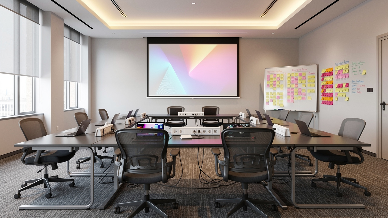 Sala de treinamento configurada em formato U para workshop