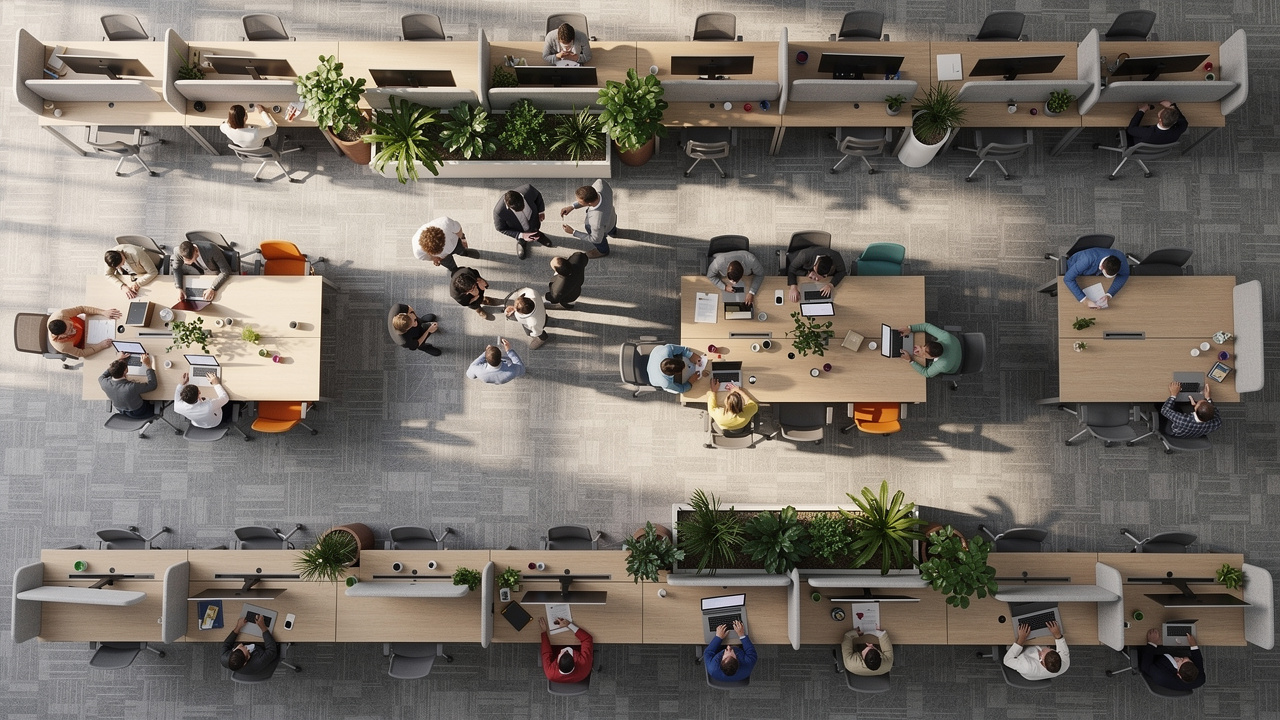 Vista aérea do escritório mostrando padrões de ocupação por área