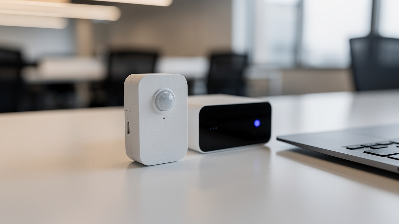 Sensor IoT instalado em mesa de escritório moderno