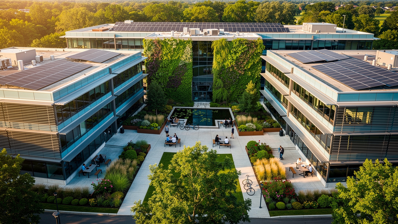 Edifício corporativo sustentável com painéis solares e jardins verdes