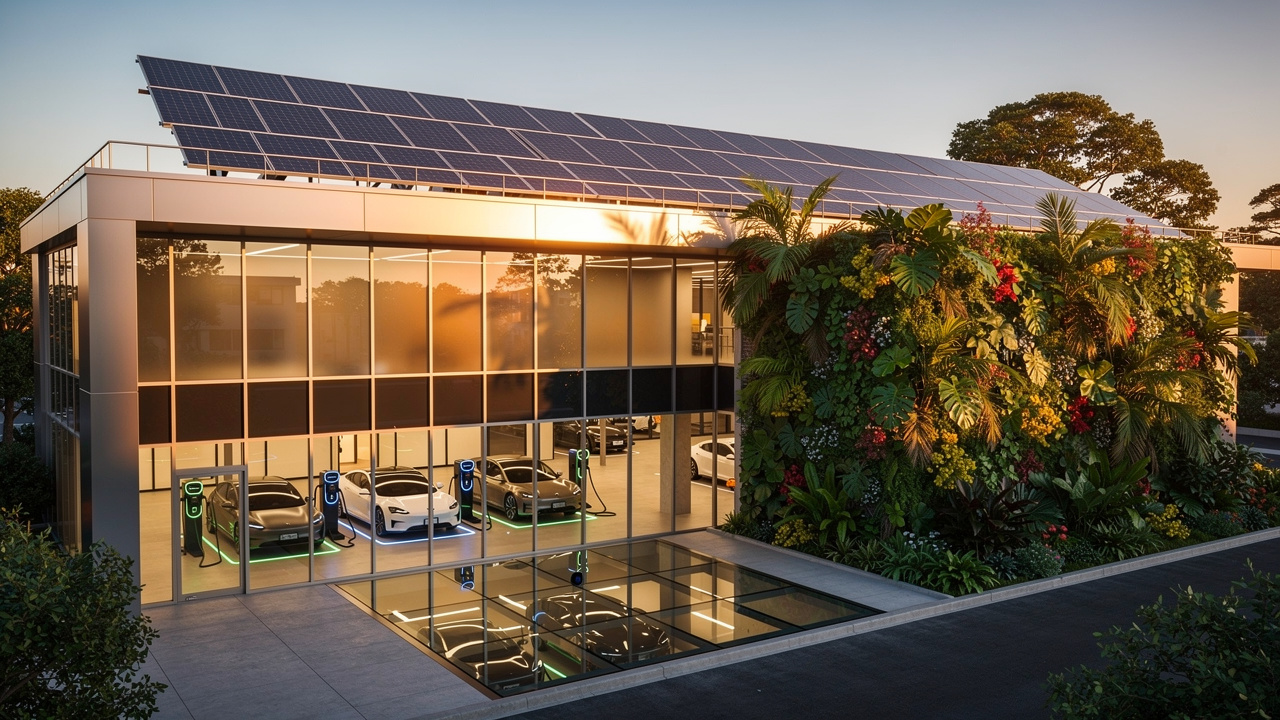 Edifício corporativo sustentável com painéis solares e jardim vertical