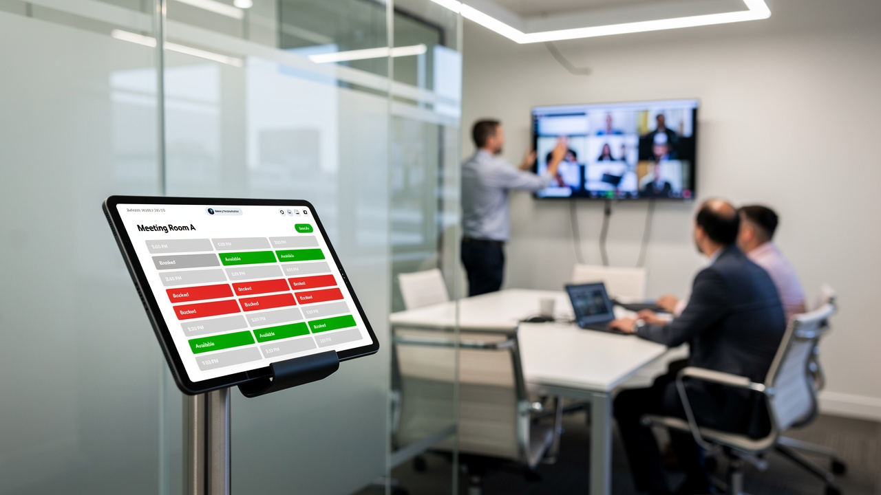 Tablet de reserva inteligente na porta de sala corporativa