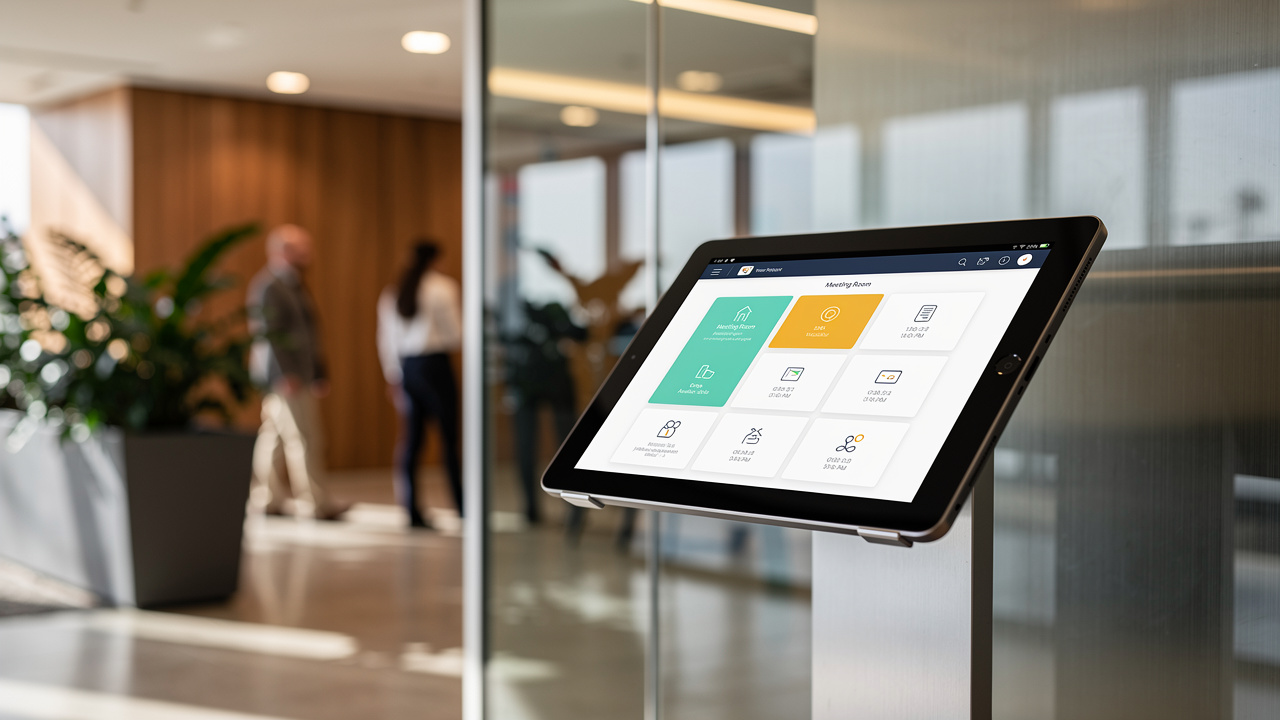 Tablet de gestão de salas em espaço de offsite corporativo moderno