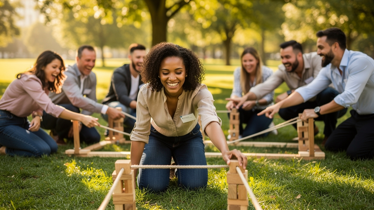 Equipe corporativa participando de atividade de team building ao ar livre