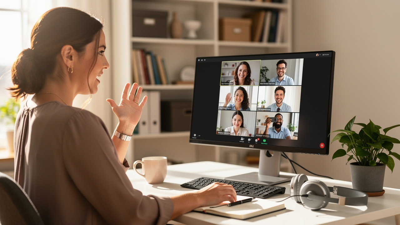 Colaboradora participando de team building virtual em modelo híbrido