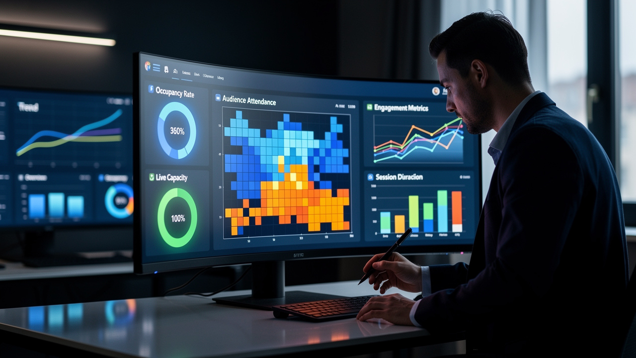 Analista usando dashboard de dados para apresentar ROI de evento