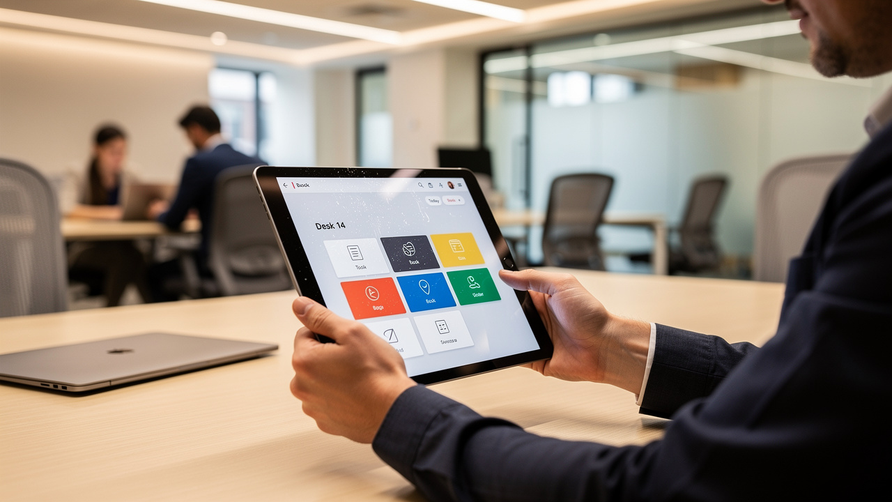 Profissional utilizando tecnologia para reservar espaço em escritório híbrido