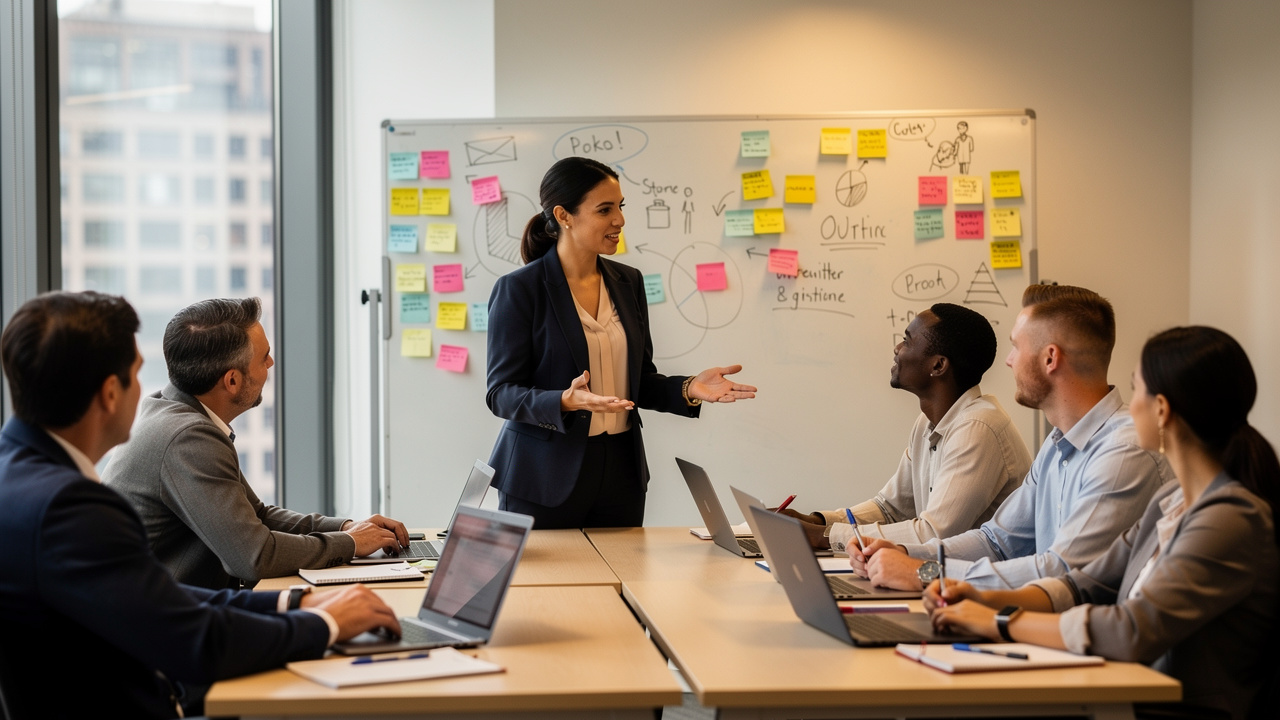 Facilitadora conduzindo workshop presencial de treinamento corporativo