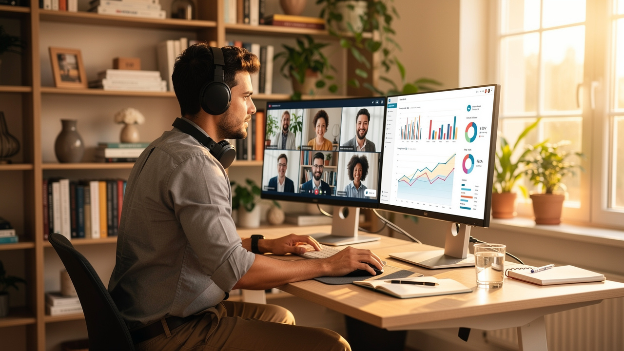 Profissional participando de treinamento corporativo híbrido remotamente