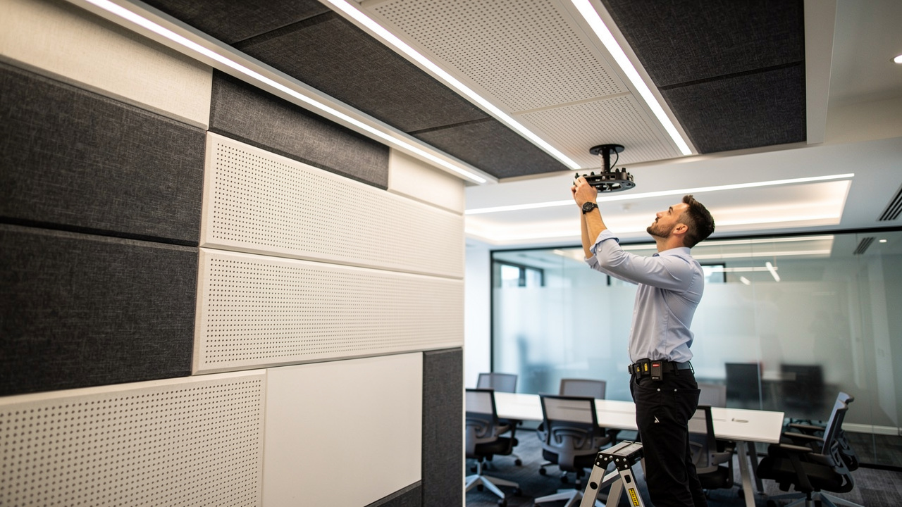 Painéis acústicos e iluminação técnica em sala de reunião