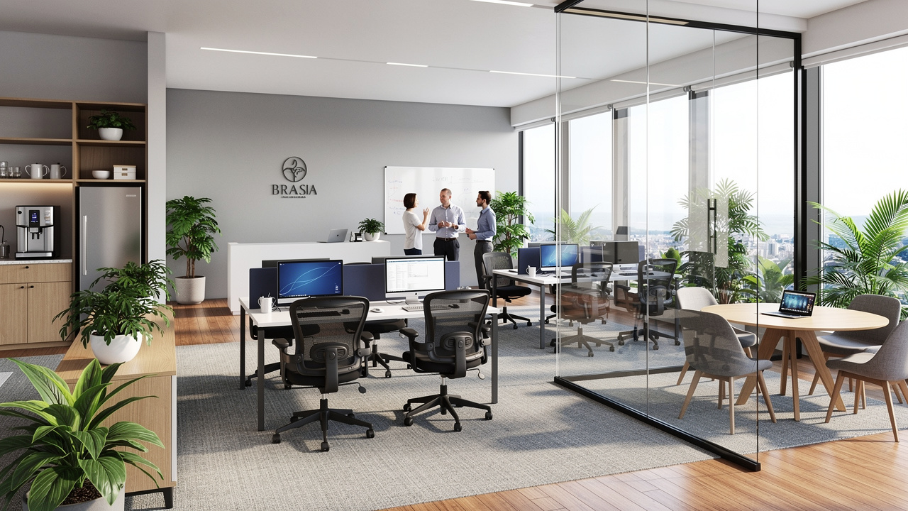 Escritório completo com áreas complementares de copa e reunião