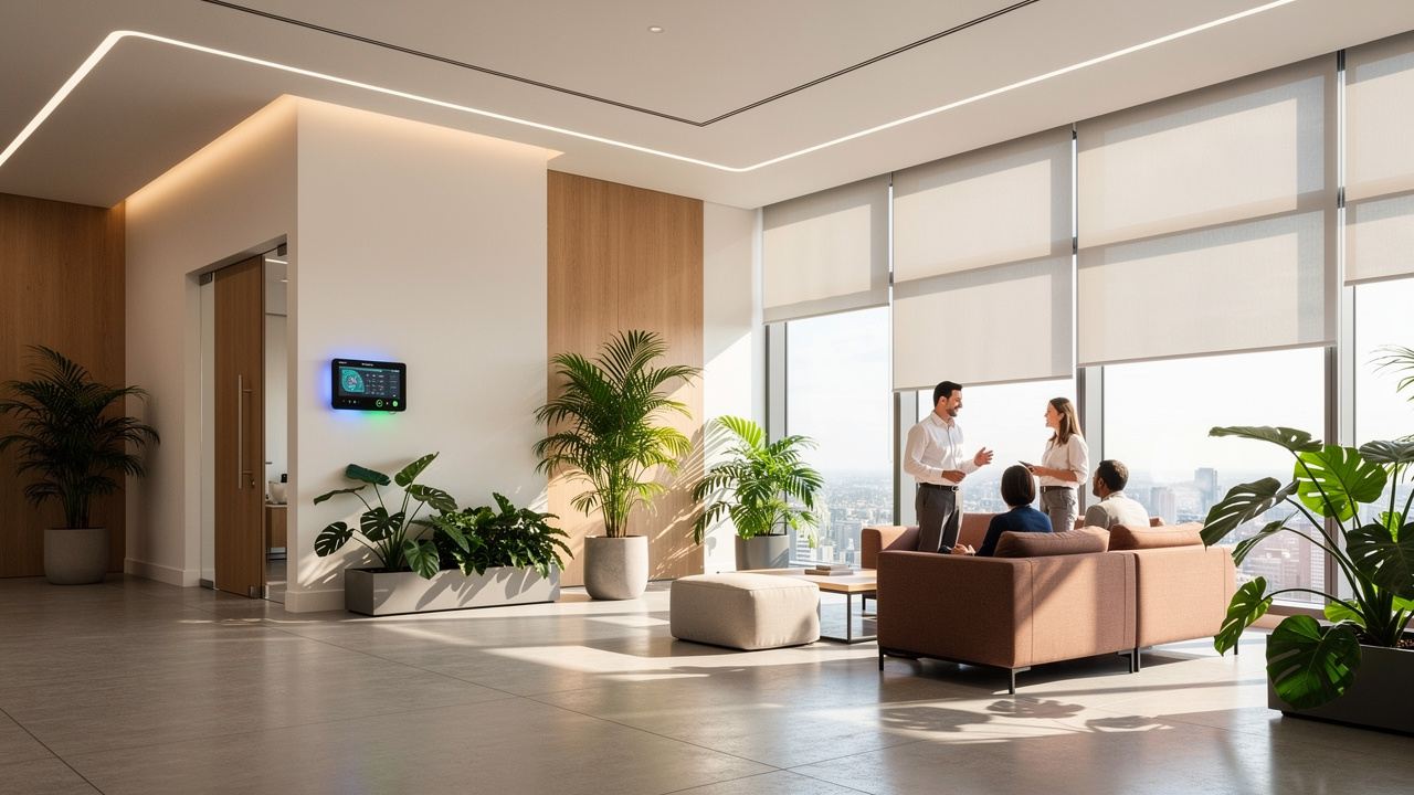 Automação predial com iluminação inteligente em escritório moderno