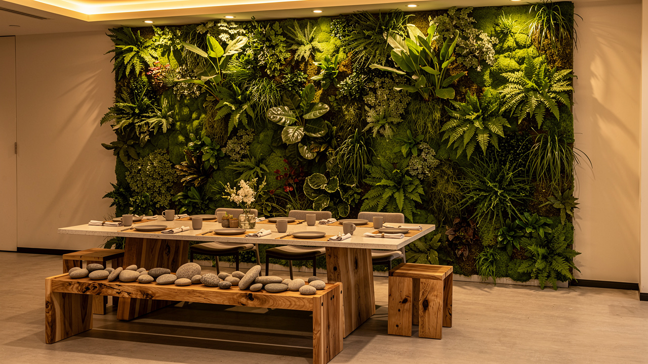 Evento corporativo com jardim vertical e design biofílico