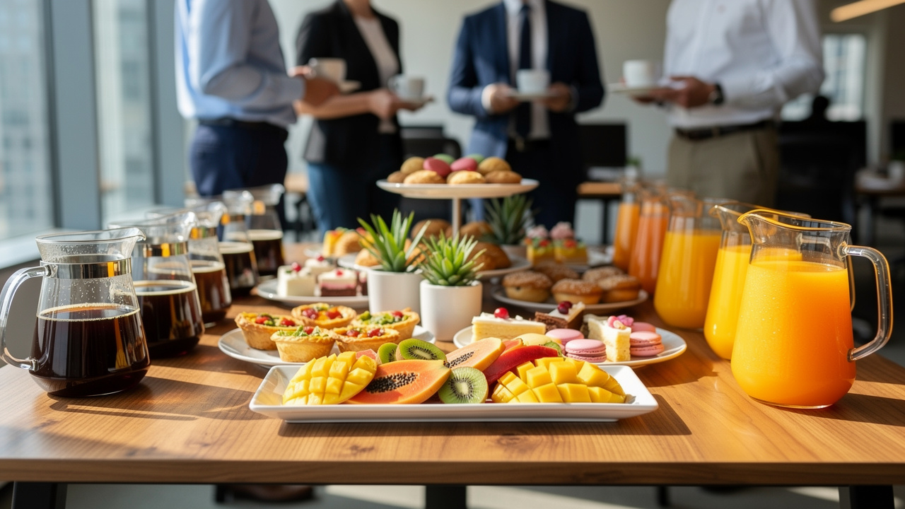 Coffee break corporativo com café especial e frutas frescas