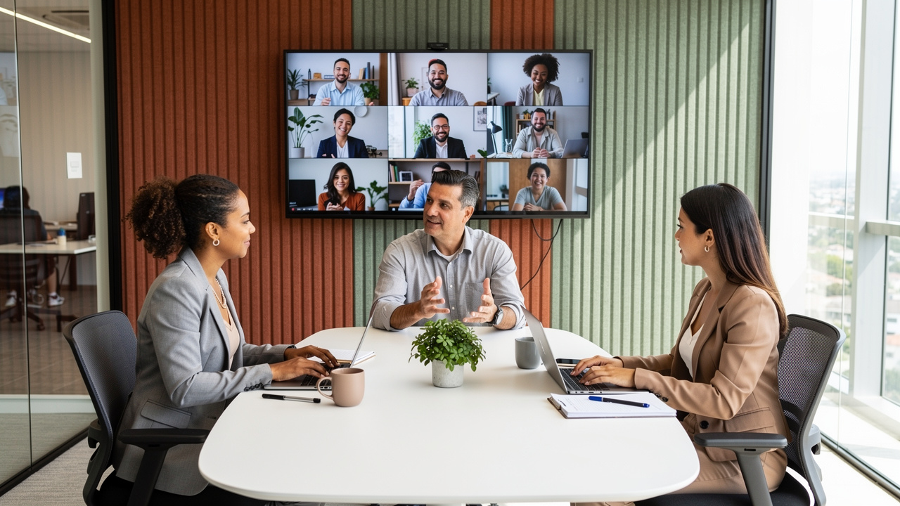 Reunião híbrida com equipes presenciais e remotas integradas