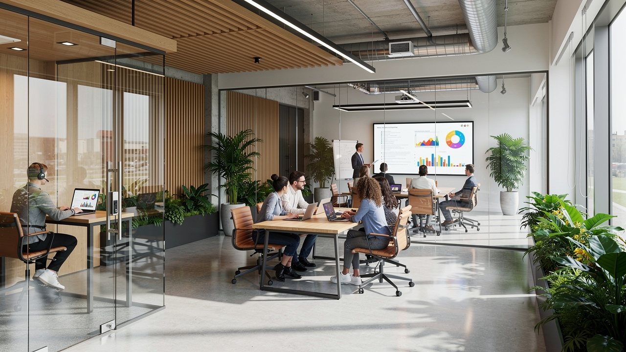 Escritório moderno com diferentes tipos de salas de reunião