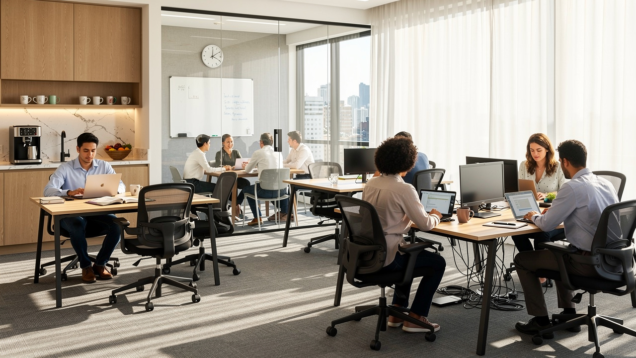 Escritório híbrido com ocupação variável em dia de trabalho