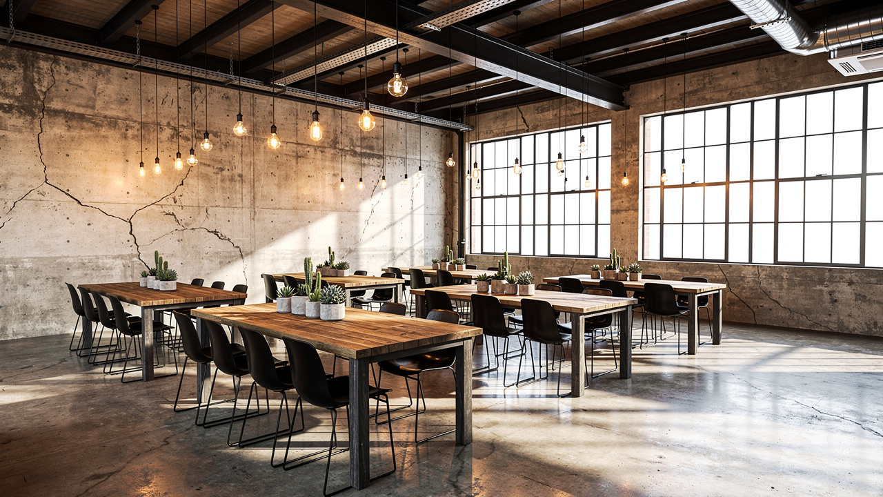 Espaço industrial contemporâneo decorado para evento corporativo