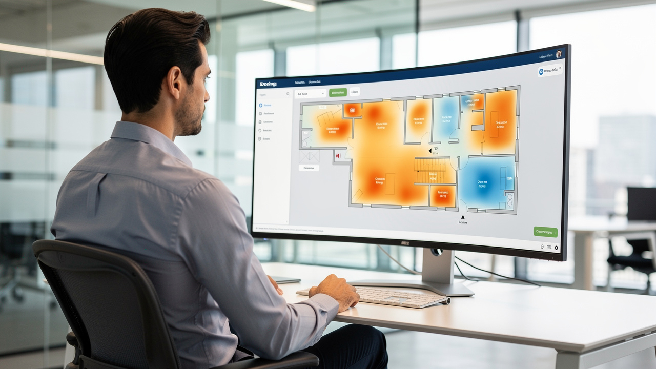 Gestor analisando dados de ocupação de espaço em escritório híbrido