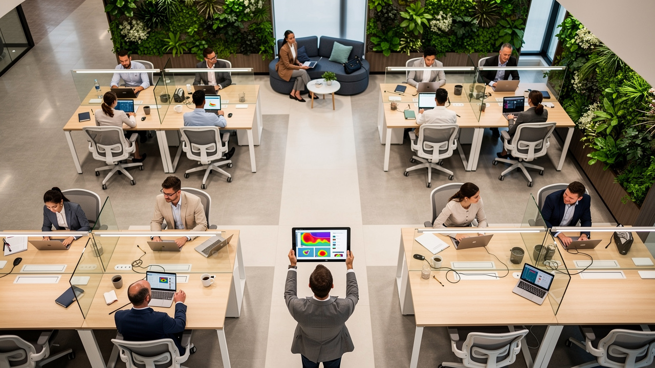 Gerente de facilities monitorando espaços corporativos com tablet