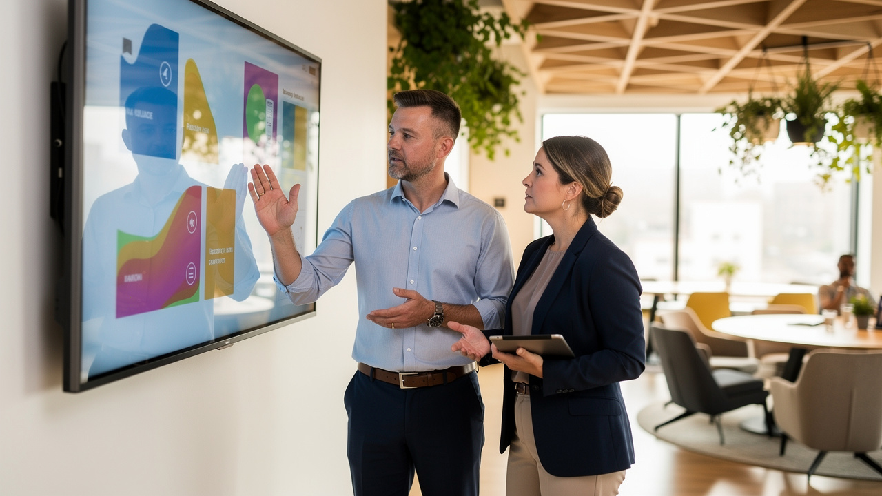 Gestores analisando dados de ocupação em plataforma de workplace management