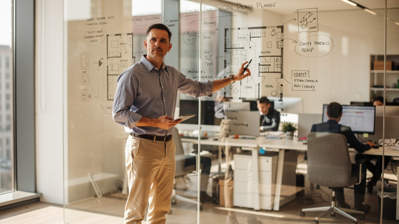 Gestor de facilities planejando dimensionamento de espaços corporativos