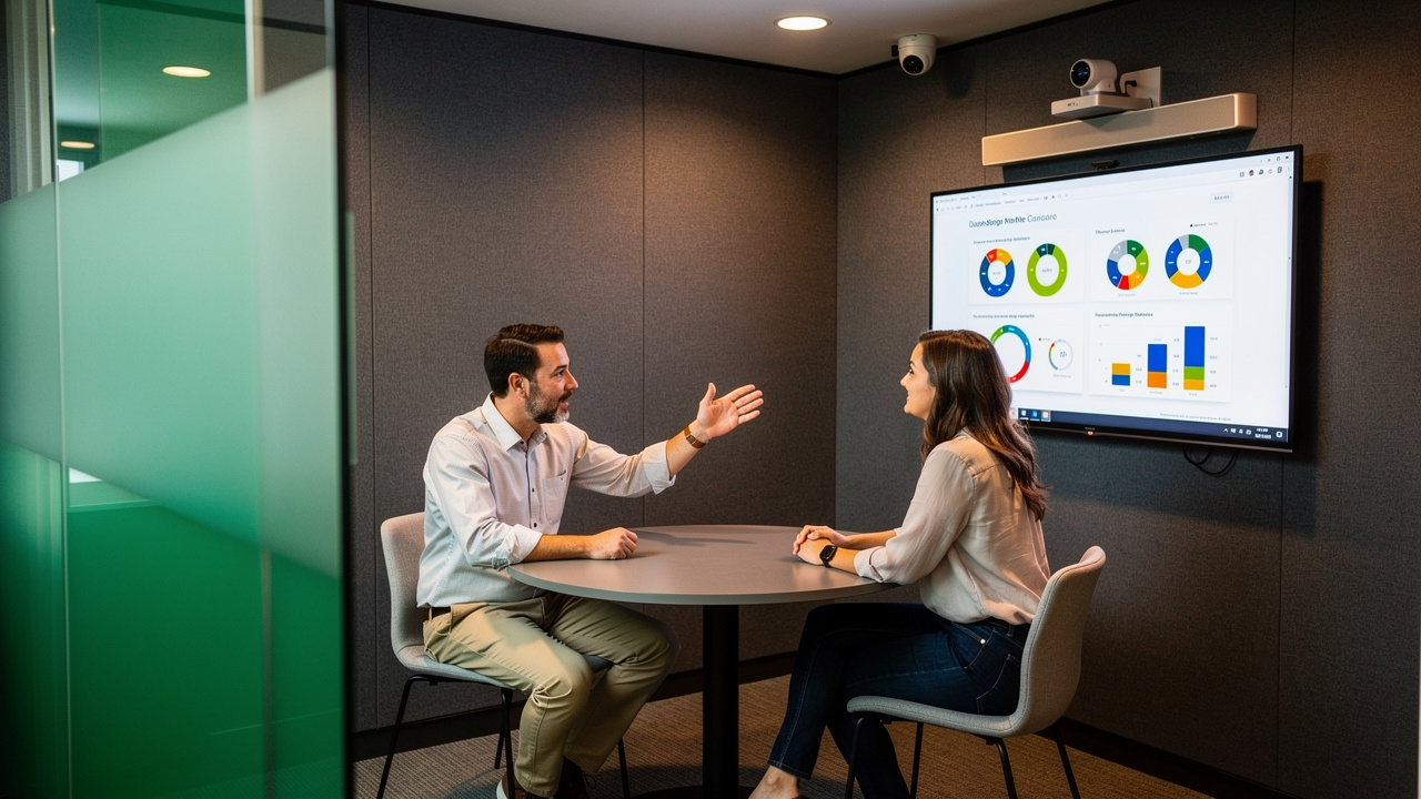 Colaboradores em huddle room durante reunião híbrida