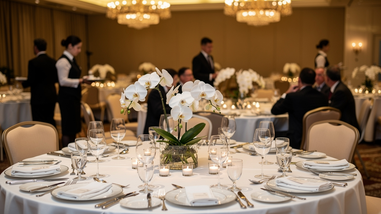 Jantar executivo empratado com mesa elegante e iluminação sofisticada