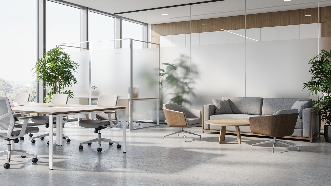 Layout colaborativo e flexível em escritório corporativo moderno