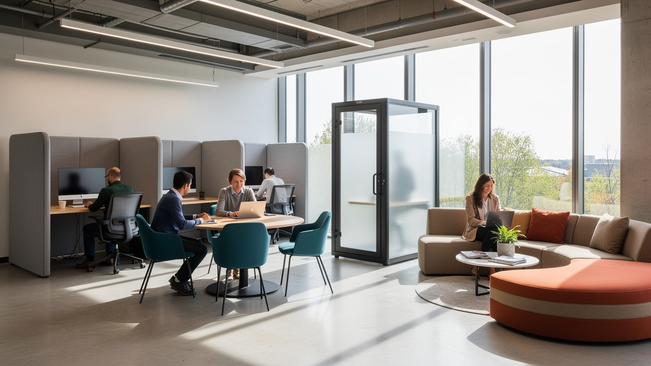 Layout de escritório híbrido com zonas de foco e colaboração