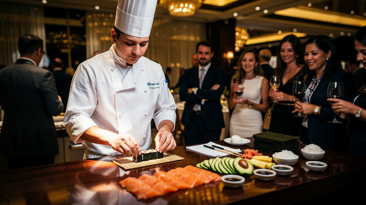 Chef preparando sushi ao vivo em estação interativa corporativa