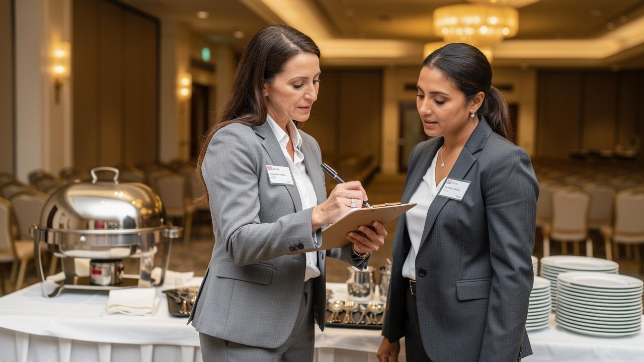 Gestores planejando buffet corporativo em salão de eventos