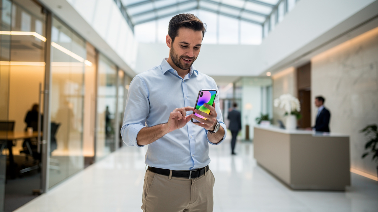Profissional reservando sala pelo smartphone em escritório moderno