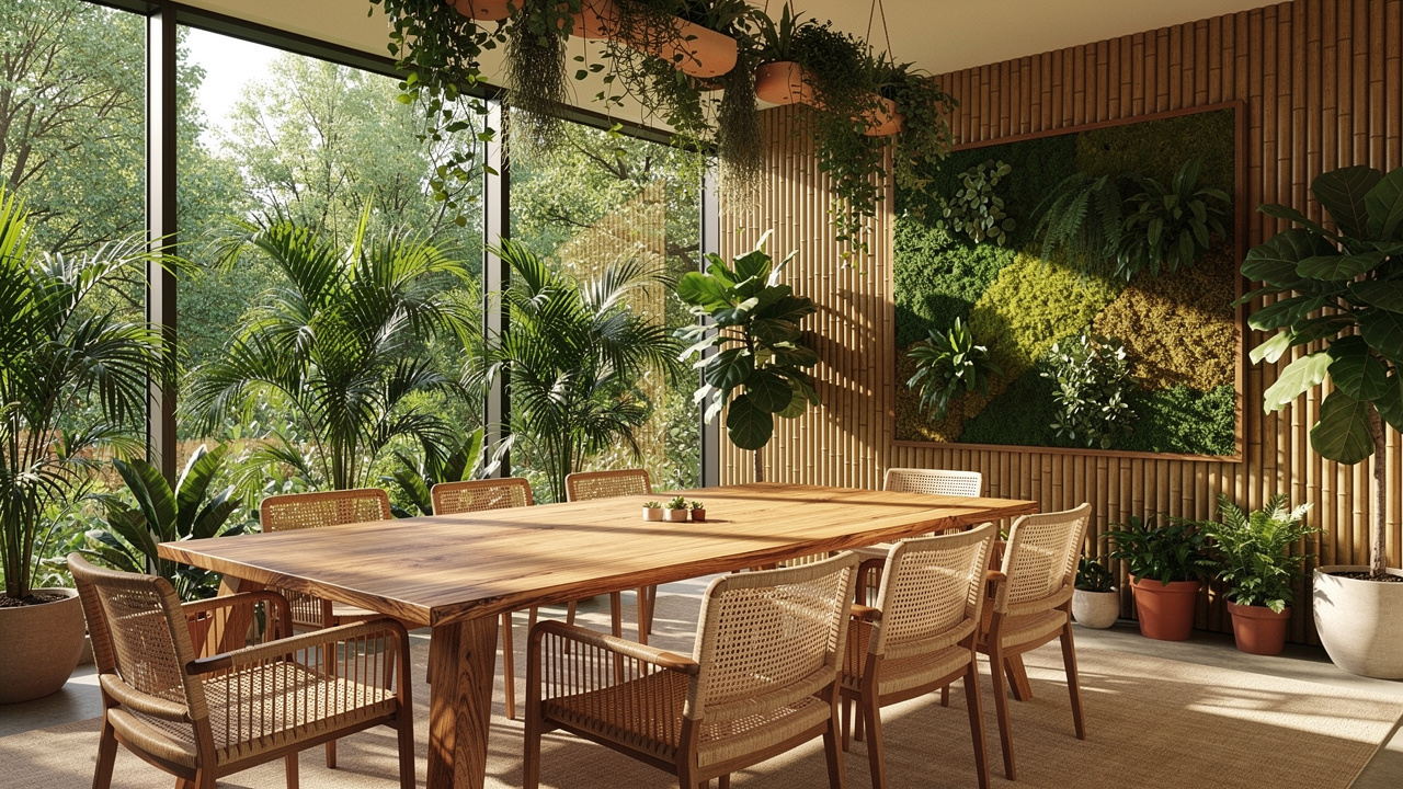 Sala de reunião biofílica com plantas naturais e luz natural