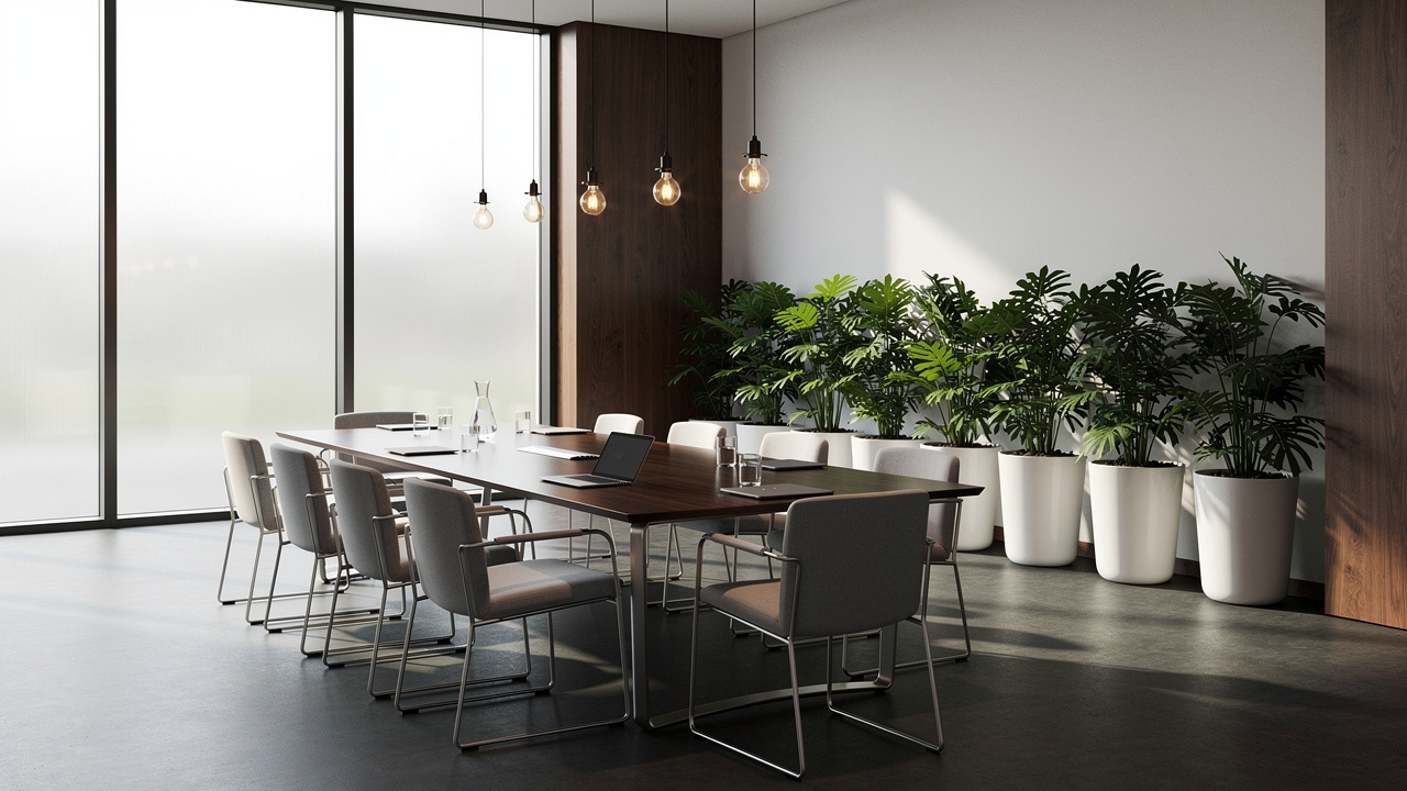 Sala corporativa com decoração minimalista e sofisticada