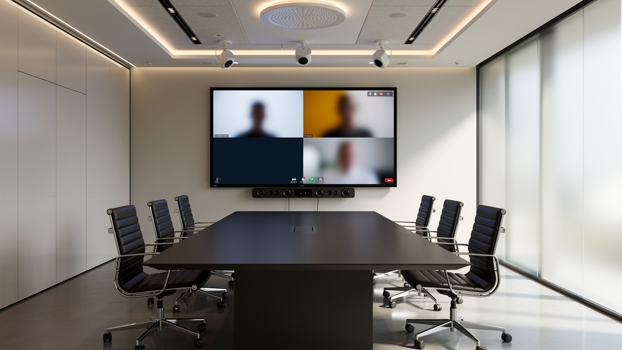 Sala de reunião híbrida com tecnologia de videoconferência integrada