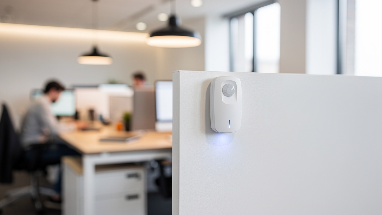 Sensor de ocupação IoT instalado em mesa de escritório moderno