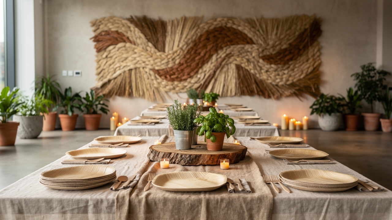 Decoração sustentável para evento corporativo com materiais naturais