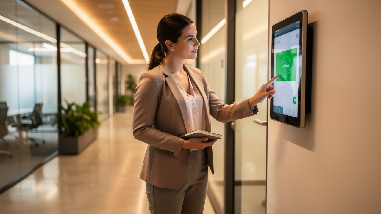 Profissional fazendo check-in em sala de reunião via tablet