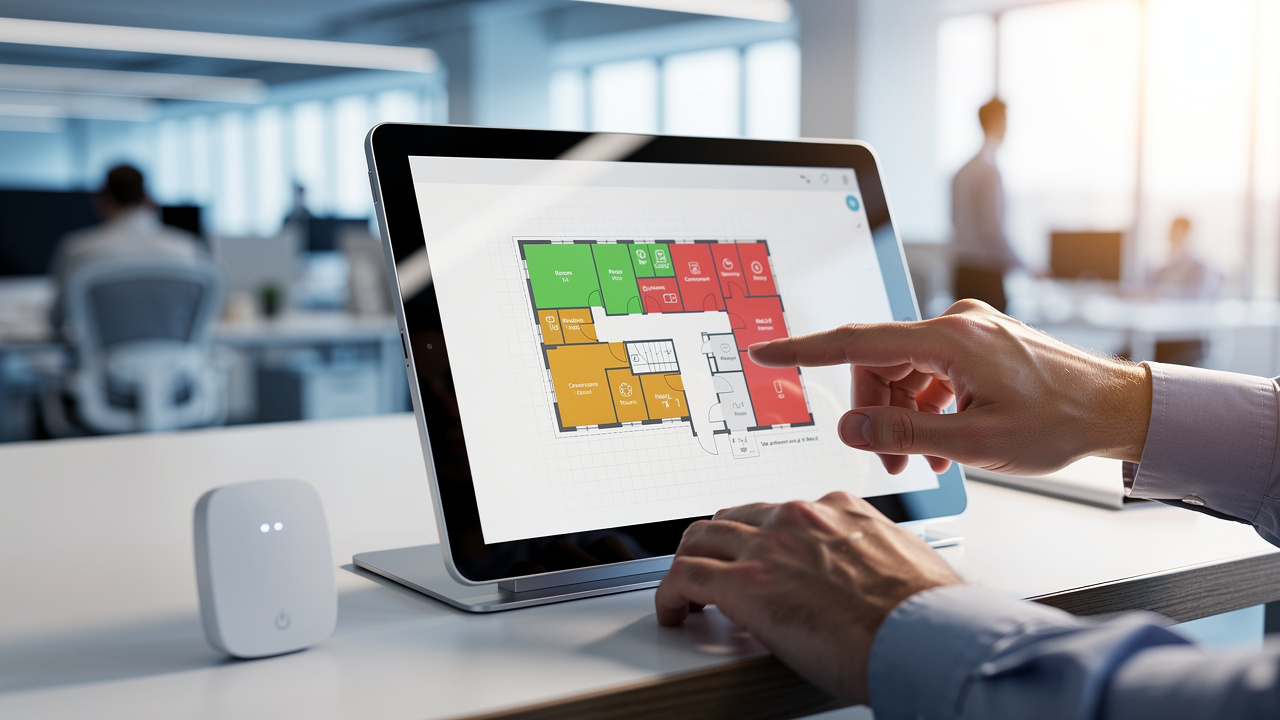 Gestor usando plataforma de workplace analytics para dimensionamento