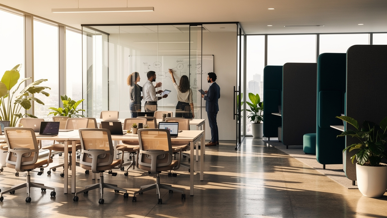 Layout de escritório com zonas para diferentes modelos híbridos