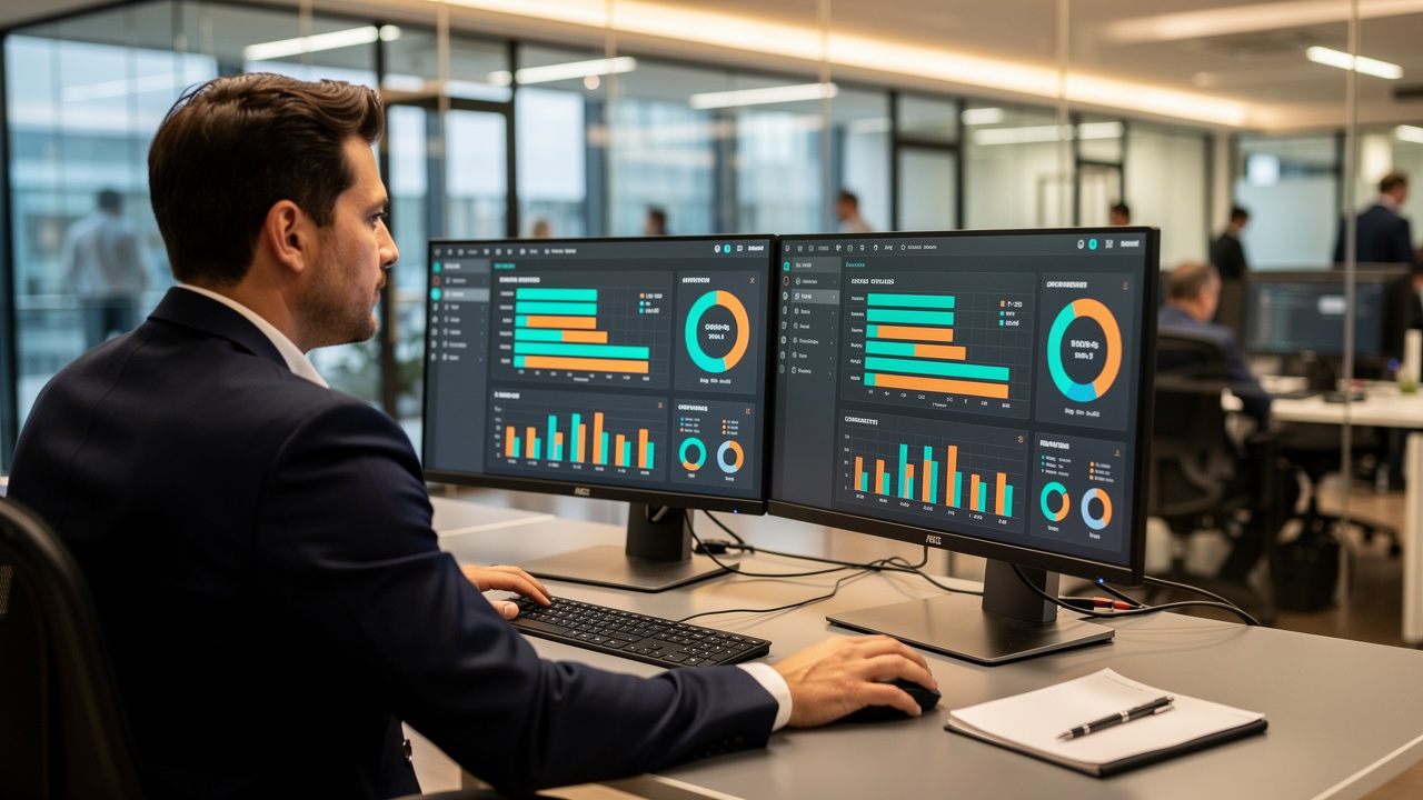 Gestor monitorando dashboard em tempo real de espaços corporativos