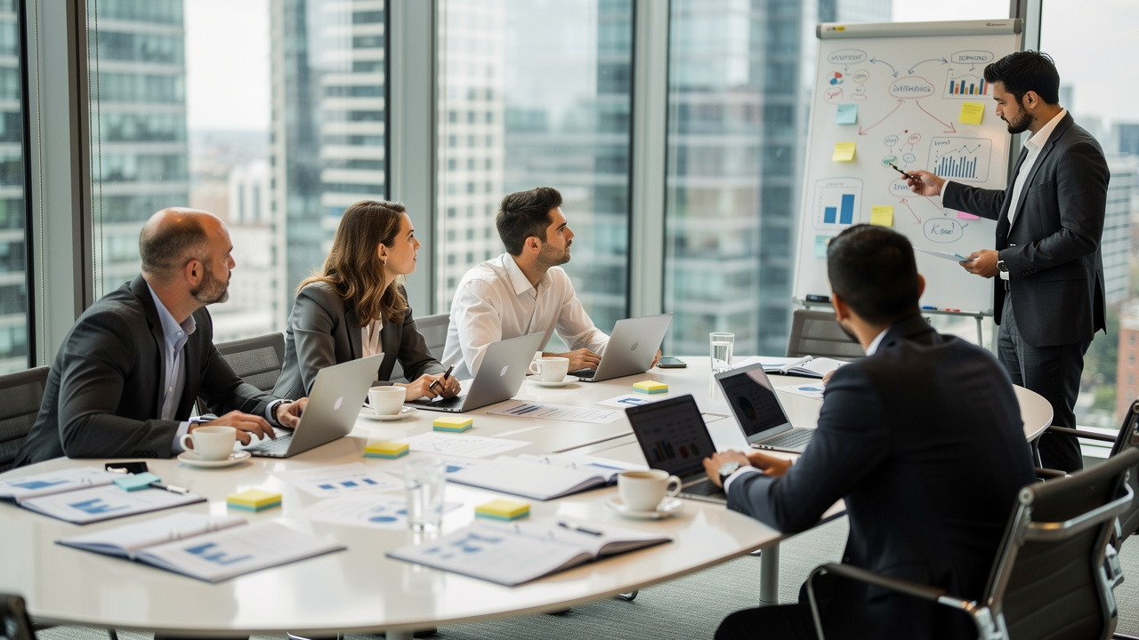 Reunião de planejamento estratégico da equipe comercial em sala moderna