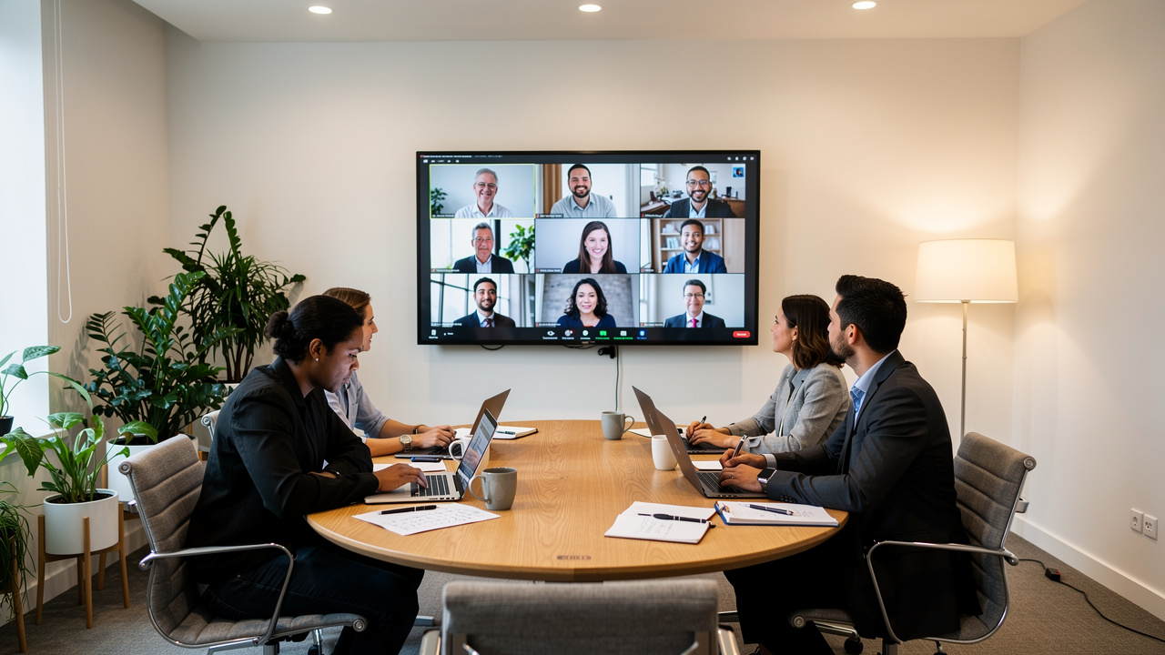 Reunião híbrida em sala equipada com tecnologia de videoconferência