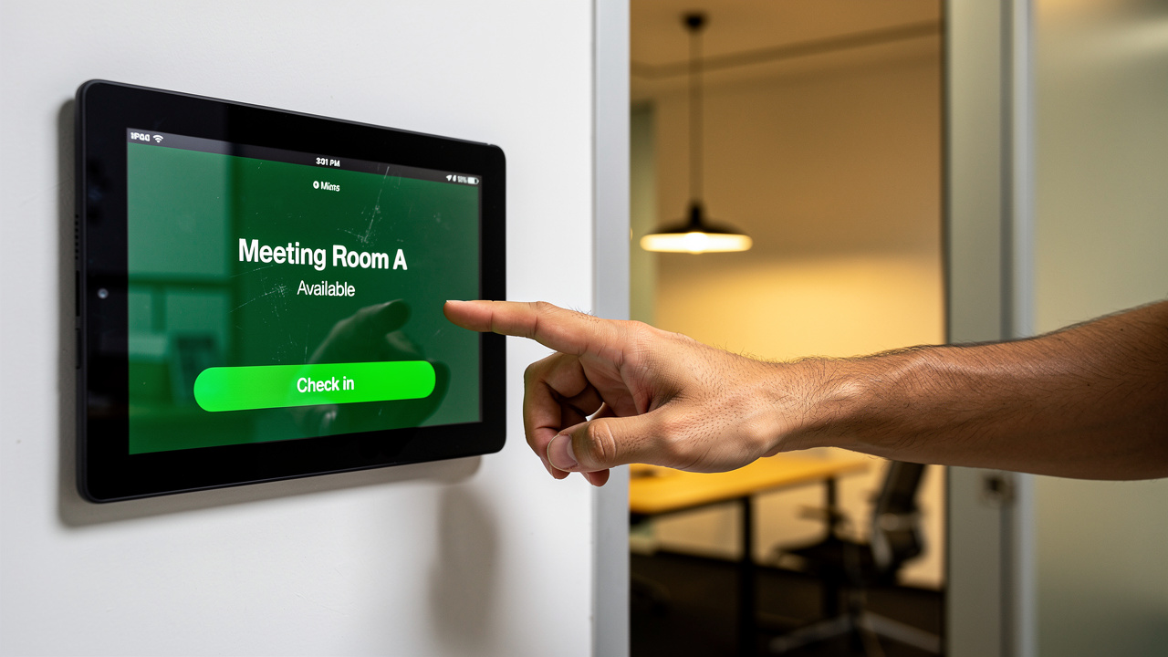 Tablet de check-in instalado na porta de sala de reunião