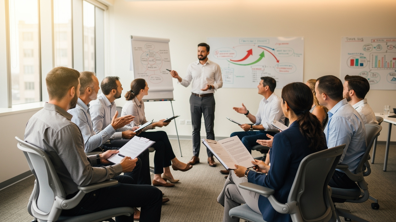 Profissionais de vendas em workshop técnico de treinamento intensivo